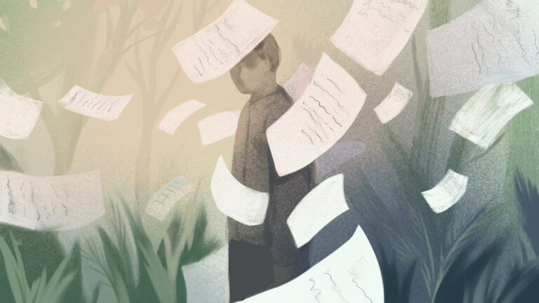 Abstract illustration of a person with correspondence letters floating in the wind surrounding them.